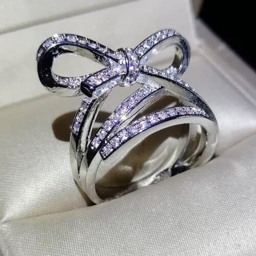 Exquisite 925 Sterling Silver Female Ring Bow Knot AAAA Cubic Zirconia High-end Jewelry Wedding Bridal Ring Mozanstone Ring