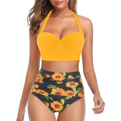 Swimsuit Women Floral Print High Waist Crop Tops+Shorts Two Piece Swimwear Halter Tankini Beach Bathing Suit bikinis 2021 mujer