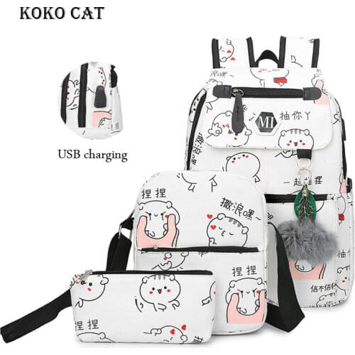 Canvas Backpack 3 Pcs Set Women School Bags Orthopedic Satchel for Girls Teenagers USB Charging Daily Travel Organizer Knapsack