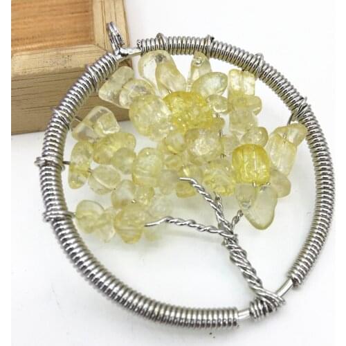 Delicate handmade 50mm yellow crystal irregular chip gravel round pendant silver-color health lucky energy women jewelry B3056