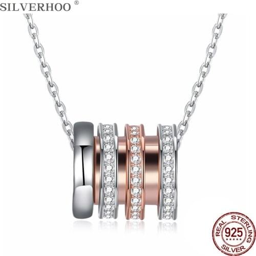SILVERHOO Zircon Necklace Round Rose Gold Pendant S925 Sterling Silver Fashion Woman Necklace Engagement Free Friend Gift
