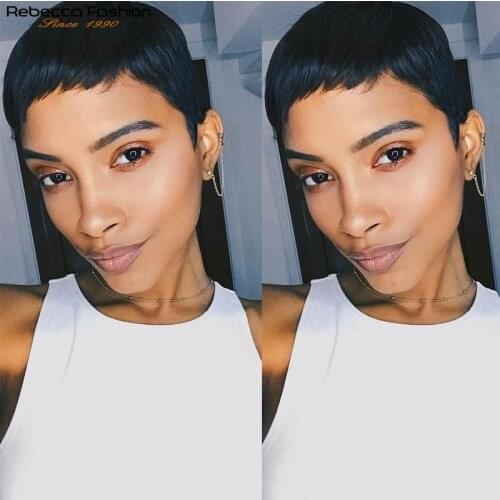 Rebecca Short cute Hair Pixie Cut Wigs Short Straight Hair Peruvian Remy Human Hair Wigs For Women Fashion Full Wig Black Purple