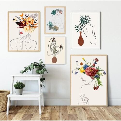 Nordic Female Line Drawing Poster and Print Abstract Woman Body Flower Head Canvas Painting Wall Art Picture Bedroom Home Decor
