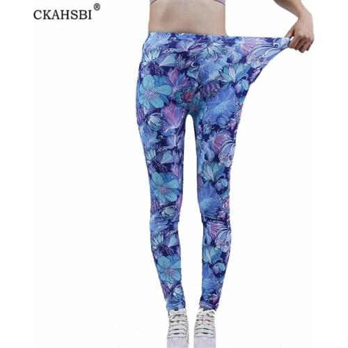 CKAHSBI Women Push Up Leggings Yoga Fitness Sexy Elastic Workout High Waist Polyester High Quality Big Petal Blue Pattern Bottom