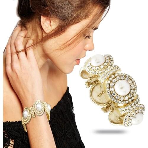 Women Art Deco 20s Great Gatsby Dome Austria Crystal Cuff Big Boho Acryl Stretch Bangles BraceletFashion Pearl Drill Jewelry