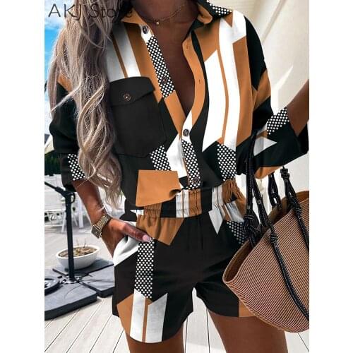 Women Two Piece Suit Sets Long Sleeve Colorblock Polka Dot Button Front Casual Shirt & Shorts Set