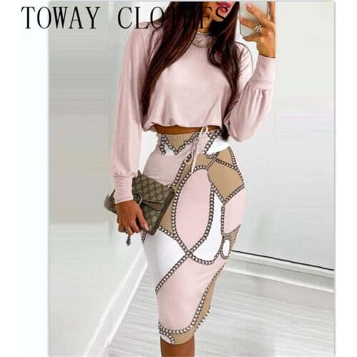 Long Sleeve Top & Chain Print Colorblock Drawstring Shirred Skirt Set Autumn Women 2 Pieces Lady Outfits Overalls