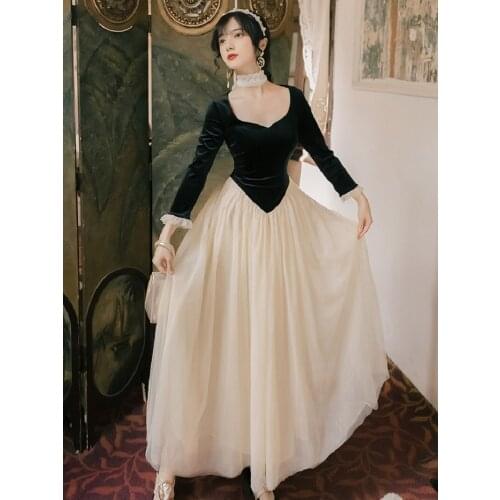 Women Retro Halloween Party Long Dress Costumes V-neck Patchwork French Lady Vestidos Elegant Autumn Hepburn Gauze Female Dress