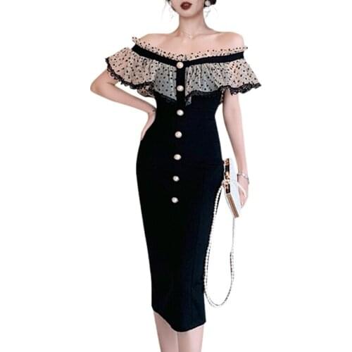 French Style Off Shoulder Black Woman Dress Summer Polka Dot Lotus Leaf Pearl Single-breasted Slit Slim Retro Bodycon Dresses