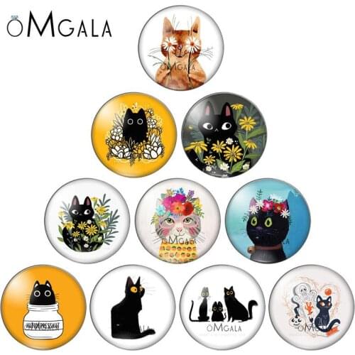 Cartoon Funny Cute Cat Patterns 10pcs mix 8mm/10mm/12mm/16mm/18mm/25mm Round photo glass cabochon demo flat back Making findings