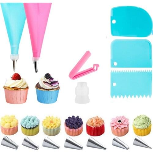 14PC/Set DIY Kitchen Baking Cake Decorating Tool Silicone Icing Piping Cream Pastry Bag Stainless Steel Nozzle Converter Tools