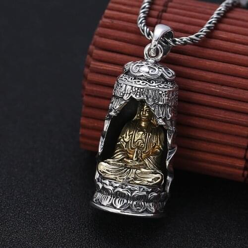 990 Silver color Kuanyin Buddha Pendant Sterling Tibetan Avalokitesvara Bodhisattva Buddha Statue Peace Symbol Necklace Pendant
