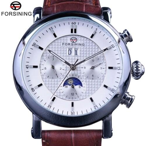 Forsining Fashion Tourbillion Design White Dial Moon Phase Calendar Display Mens Watches Top Brand Luxury Automatic Watch Clock