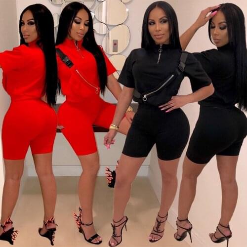 BKLD Black Red Two Piece Set Top Shorts Suit Sexy Turtleneck Short Sleeve Bodycon 2019 Summer Streetwear Outfits Casual Femme