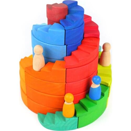 Large Rainbow Blocks Spin Stairs Nordic Wood Toys Kids Montessori Educational Toys Creative Wooden Jenga Interactive Game Blocks