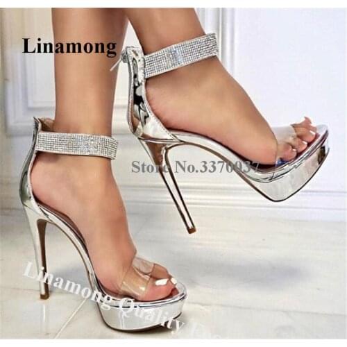 Linamong Bling Bling Rhinestone PVC Patchwork High Platform Stiletto Heel Sandals Patent Silver Crystal High Heel Sandals Heels