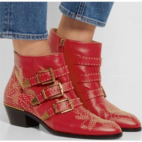 Hot Sale Soft Leather Studded Susanna Ankle Boots 7 Colors Pointed Toe Chunky Heels Botas Mujer Fall Winter Boots Shoes Woman