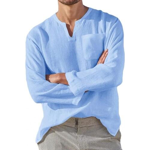 Casual Men Shirt Clothing Long Sleeve Solid Color Fashion Male V Neck Pocket Loose T-shirt Top chemise homme рубашка мужская