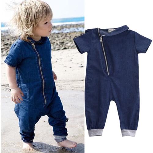 Toddler Kids Boy Zipper Up Denim Jumpsuit Romper