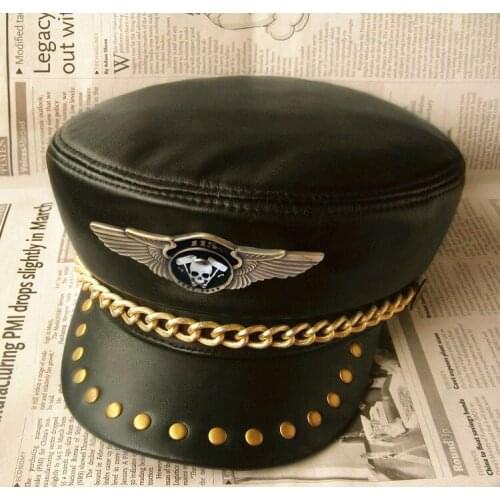 Genuine Leather Sheepskin Military Hats For Men Women Punk Rock Flat Cap Metal Chain Rivet Skull Badge Motorcycle Leather Hat