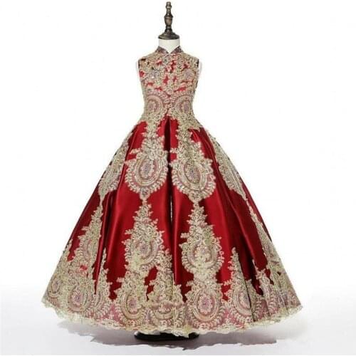 Red Satin Elegant and Luxurious Flower Girl Dresses First Holy Communion Pageant For Wedding Satin Lace Applique Dresses