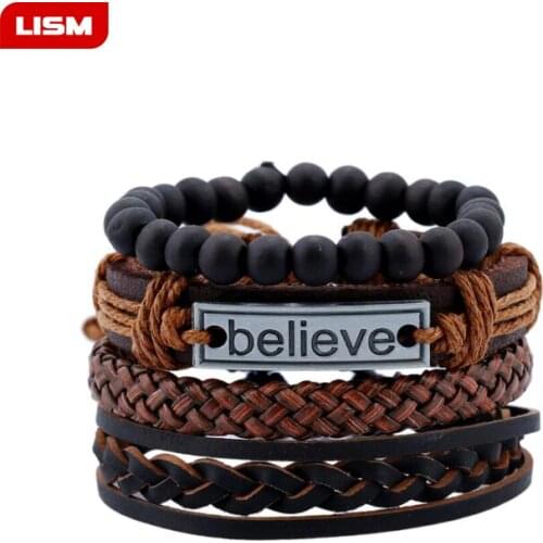 Fashion 4PCS/Set Punk Believe Straight Flush Poker Handmade Charm Bracelet Men Friendship Leather Bracelet homme Jewelry