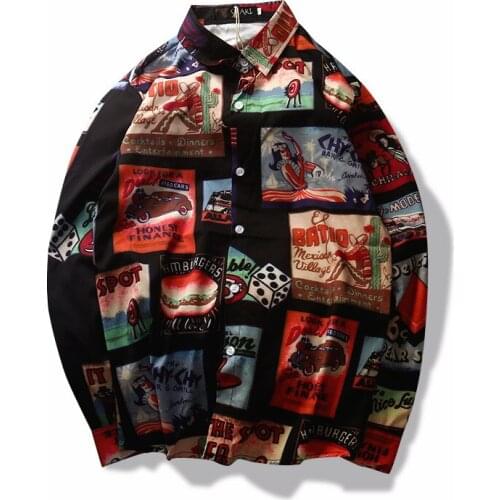 Hip Hop Shirt Streetwear Men Cartoon Shirts Graffiti Harajuku Spring Autumn Male Shirt Tops Long Sleeve Casual