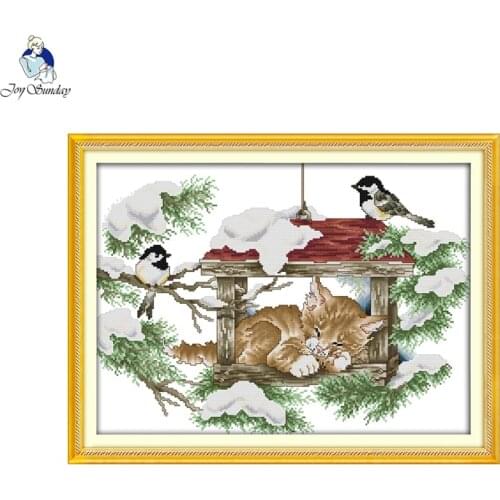 Joy Sunday Deep Sleep Cat and Birds Pattern Cross Stitch Kits 11CT Printed Fabric 14CT Canvas DMC Counted Chinese Embroidery set