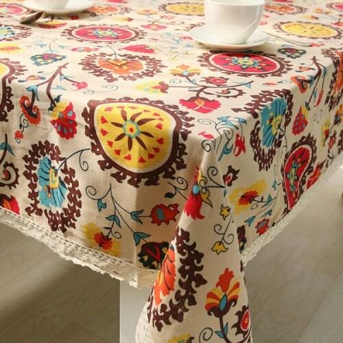 Ethnic Bohemia Style Table Cloth with Lace Cotton Sunflower Print Dustproof Rectangular Dinning Tablecloths Cover ZB-8