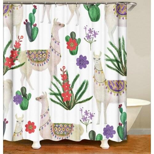 Cartoon Cactus Alpaca Shower Curtain Bath Accessories with 12 Hooks Waterproof Polyester Fabric Bathroom Decor