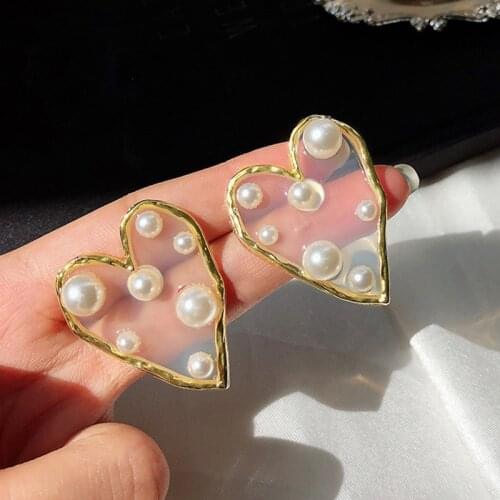 Tocona Korean Design Transparent Large Love Heart Stud Earrings for Women Geometric Pearl Earring Wedding Jewelry 8278