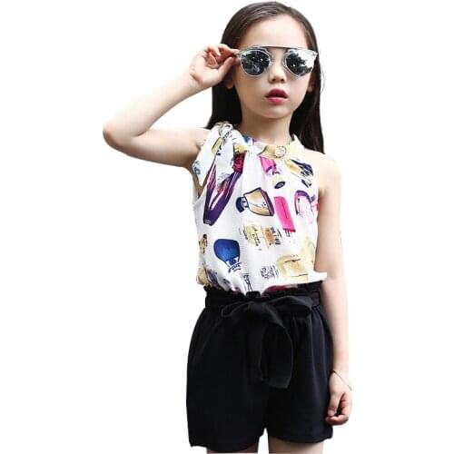 Summer Girls Chiffon Clothing Set Dots Character Pattern Kids Clothes Casual Blouse Top & Shorts Set Outfit For 6 8 10 12 14 Y