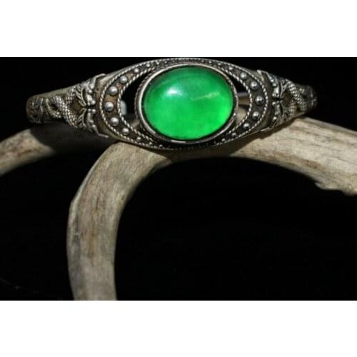 Old Vintage Tibet Silver & Green Jadeite Jade Chinese Double Dragon Bracelet