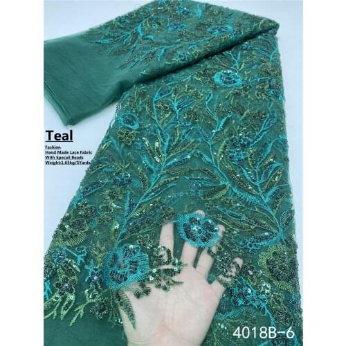 XIYA Fashion Heavy Special Beaded Net Lace With Pearls Teal Tulle Fabrics Sequins For Party Dress 4018B