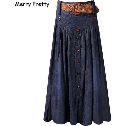 Merry Pretty Women Dark Blue Denim Skirt Sashes Pleated Skirt 2020 Autumn Hight Waist Long Jeans Skirt Solid Midcalf Skirt
