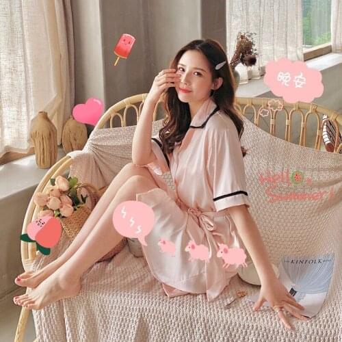 2021 Spring Summer New Sweet Cardigan Womens Nightdress Silk Silk Imitation Silk Simple Student Long Home Clothes Sleep Tops