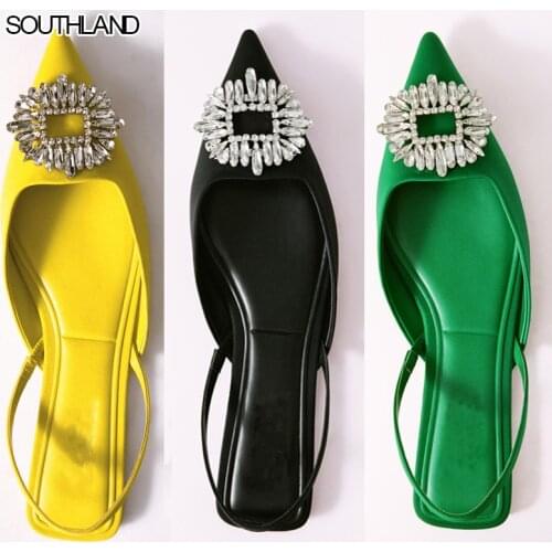 SOUTHLAND ZA Womens Shoes 2021 Summer New Yellow Rhinestone Buckle Slingbacks Shoes Pointed Toe Flat Elegant Wedding Shoes