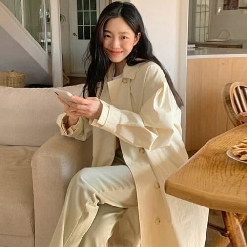 Korean Chic Trench Coat Women Temperament Lapel Loose Single-breasted Puff Sleeve Long Jacket Woman Elegant Office Windbreaker