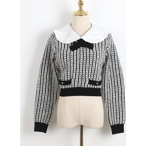 2021 Spring Sweater Long Sleeve Black Lapel Neck Kint Swaeter Womens