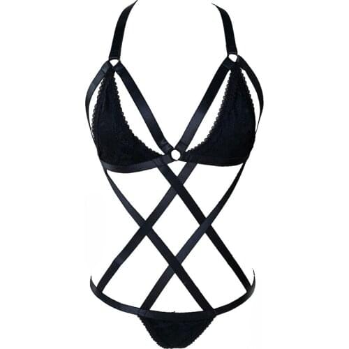 Goth Body Harness Set Lace Sexy Lingerie Harness Bra Black Bondage Harness bodysuit