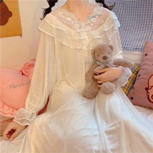 Women Lolita Dress Sleepwear Vintage Nightgowns Victorian Night Dress Fairy White Tulle Lace Peignoir Romantic Lounge Nightwear
