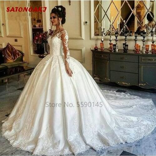 2020 Ball Gown Wedding Dress Long Sleeve Lace Illusion Floor Length Bride Court Train India Vestido De Novia Online Shop Mariage