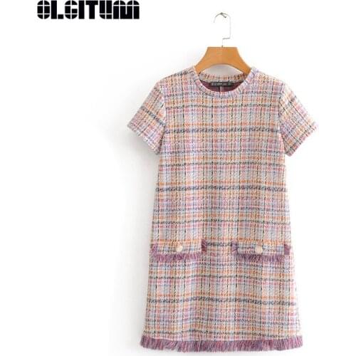 Elegant Women Tweed Plaid Dress New Fashion 2020 Short Sleeve O-neck Tassels Female Vintage Mini Dresses Vestidos Mujer