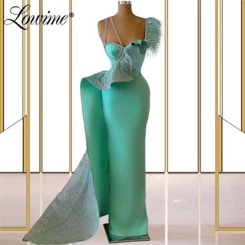 Lowime Feathers Moroccan Kaftan Arabic Evening Dresses Mermaid Long Satin Dubai Turkey Abaya Islamic Gowns For Middle East Women