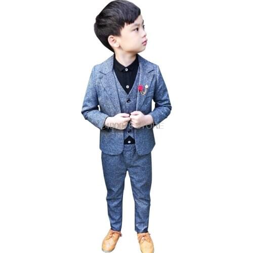 Vest + Blazer + Pants +Bowtie 4pcs Kids Formal Wedding Suit Gentleman Boys Tuxedo Dress Children Party Costume Clothing 2-12T