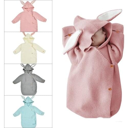 Winter Warm Baby Blankets Rabbit Ear Envelope Knitted Crochet Stroller Swaddle Wrap Newborn Sleeping Cover Bag Photography Prop