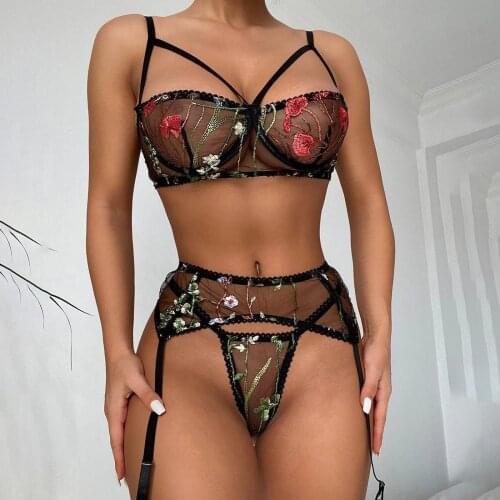 3PC Flower Embroidery Bra G-String Thong Perspective Sexy Erotic Lingerie Sleepwear Underwear Women Lingerie Set Garter