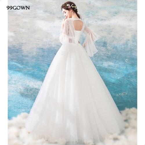 99GOWN Simple Square Straps Wedding Dress 2019 Tulle Beaded Sleeved A-Line Satin Ball Gown Dresses Beading Backless Bridal Gown