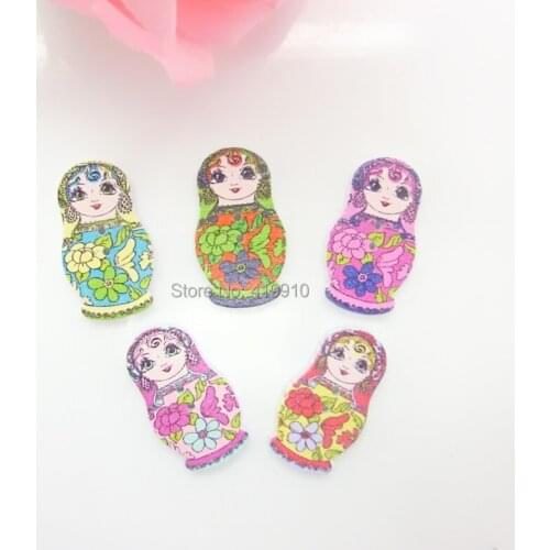 Free shipping -100PCs Random Mixed Lovely Russian Doll 2 Holes Wood Painting Sewing Buttons Scrapbooking 17x30mm,J1572