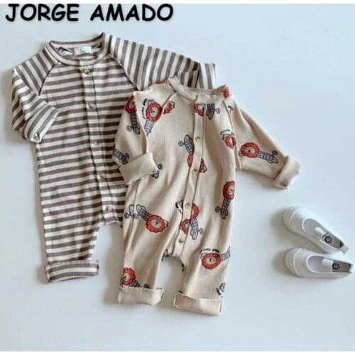 2021 Korean Sttyle New Autumn Baby Girls Boys Romper Long Sleeves Cartoon Lion Striped Jumpsuit Kids Cute Style Clothes E1128